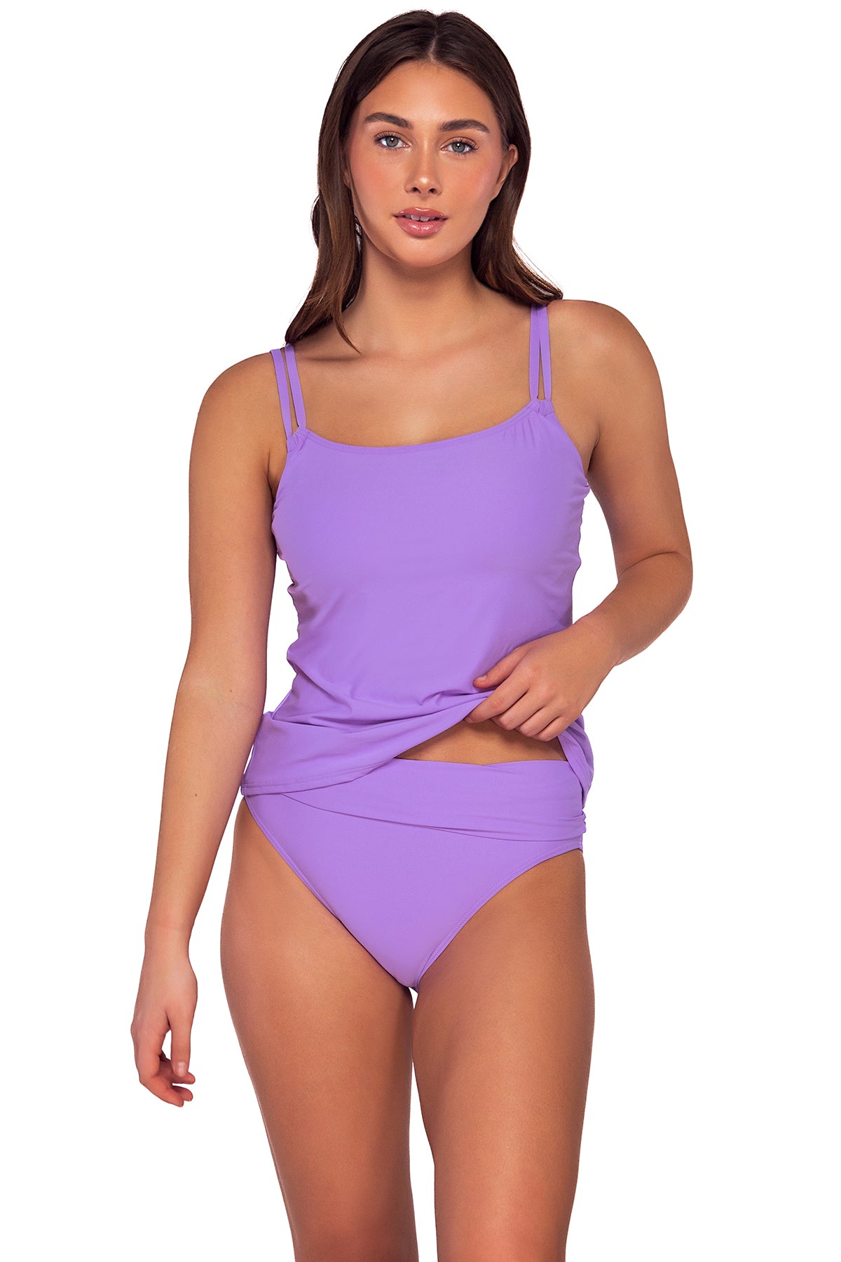 Front view of Sunsets Passion Flower Taylor Tankini swim top lifted to show off Passion Flower Unforgettable Bottom swim hipster showing folded waist