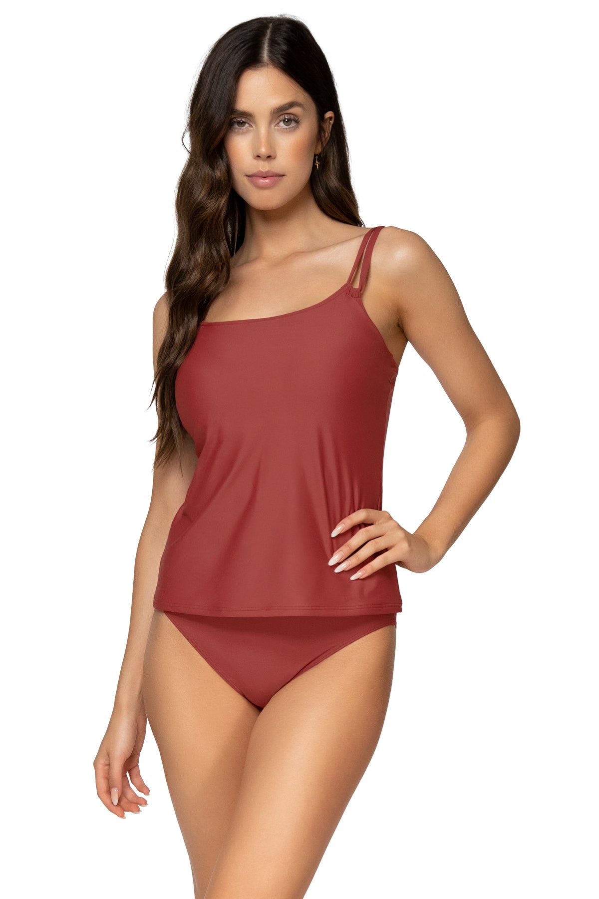 Front view of Sunsets Tuscan Red Taylor Tankini swim top with Tuscan Red Lula Hipster bikini bottom