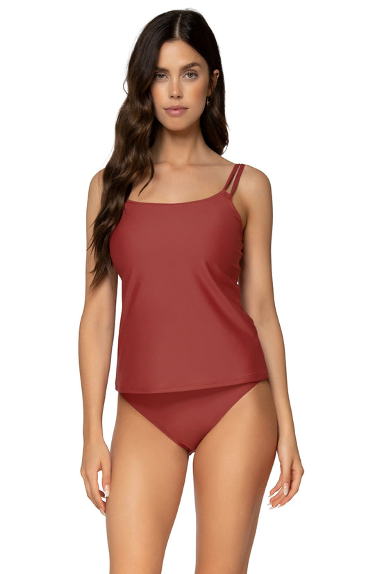 Charger l&amp;#39;image dans la galerie, Additional front view of Sunsets Tuscan Red Taylor Tankini swim top with Tuscan Red Lula Hipster bikini bottom
