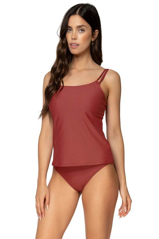Cargar imagen en el visor de la galería, Side view of Sunsets Tuscan Red Taylor Tankini swim top with Tuscan Red Lula Hipster bikini bottom
