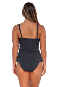 Back pose #1 of Taylor wearing Sunsets Slate Seagrass Texture Taylor Tankini Top with matching Annie High Waist bikini bottom