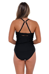 Back pose #1 of Taylor wearing Sunsets Black Zuri V-Wire Tankini Top showing crossback straps with matching High Road Bottom bikini