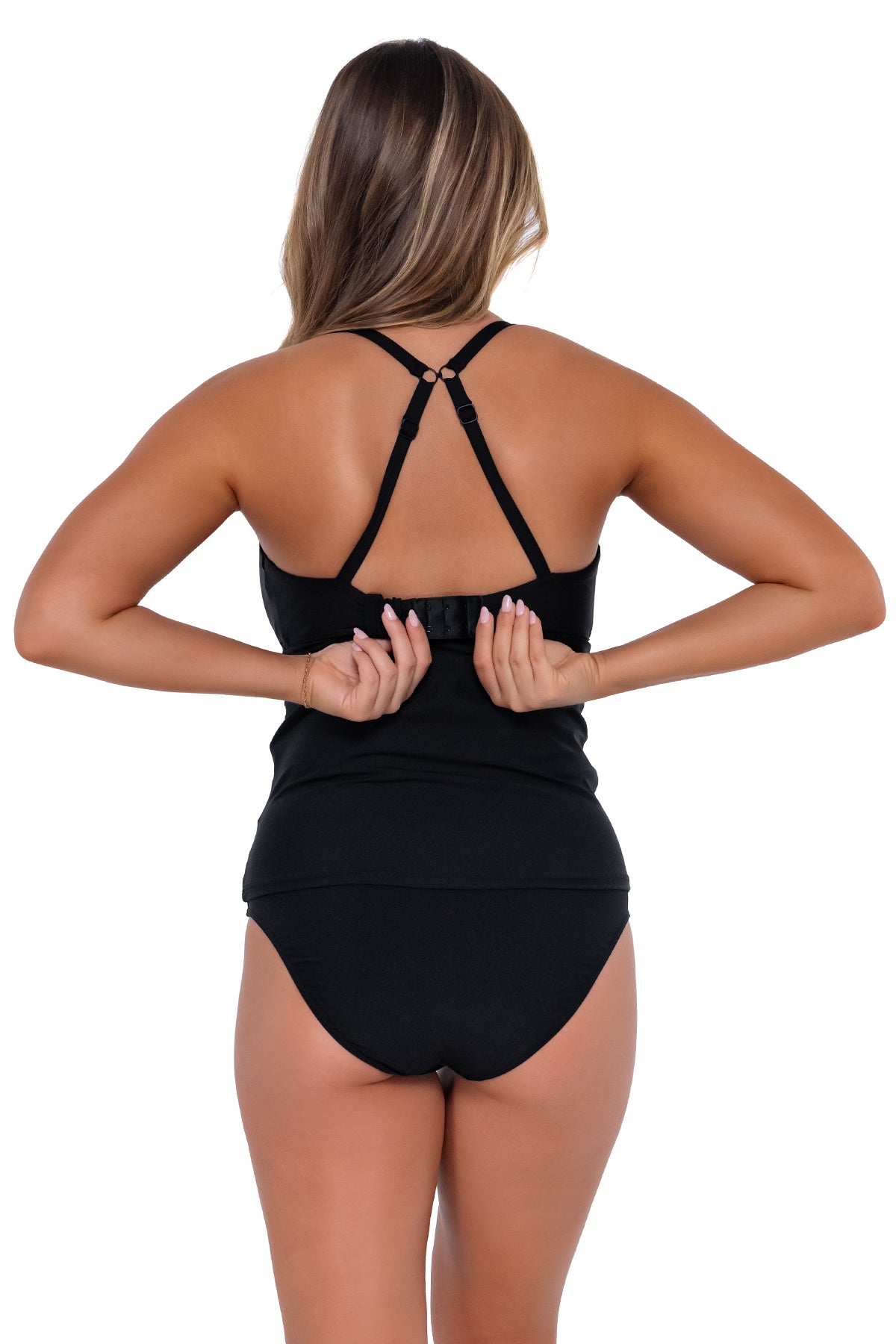 Back pose #1 of Taylor wearing Sunsets Black Zuri V-Wire Tankini Top showing hidden hook-and-eye closure with matching High Road Bottom bikini