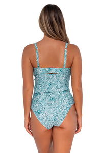 Back pose #1 of Taylor wearing Sunsets By the Sea Zuri V-Wire Tankini Top with matching Annie High Waist bikini bottom