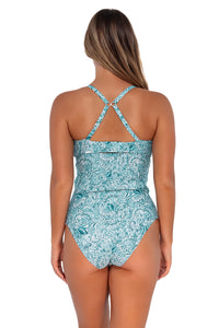 Back pose #1 of Taylor wearing Sunsets By the Sea Zuri V-Wire Tankini Top showing crossback straps with matching Annie High Waist bikini bottom