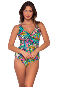 Front view of Sunsets Lush Garden Forever Tankini Top with matching Alana Reversible Hipster bikini bottom