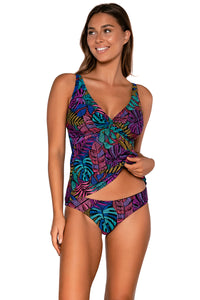 Front view of Sunsets Panama Palms Forever Tankini Top lifted up to show matching Alana Reversible Hipster bikini bottom