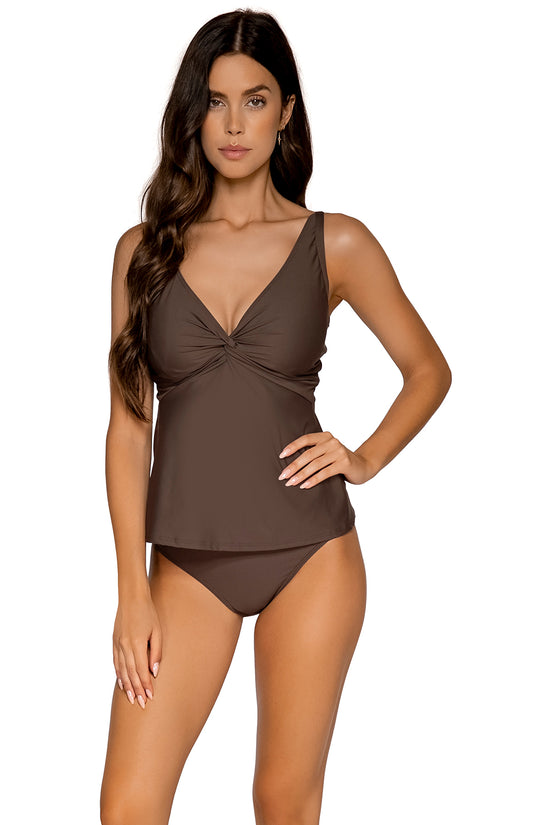 Front view of Sunsets Kona Forever Tankini swim top with Kona High Road Bottom swimsuit