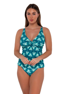 Front pose #1 of Taylor wearing Sunsets Palm Beach Forever Tankini Top paired with Annie High Waist bikini bottom
