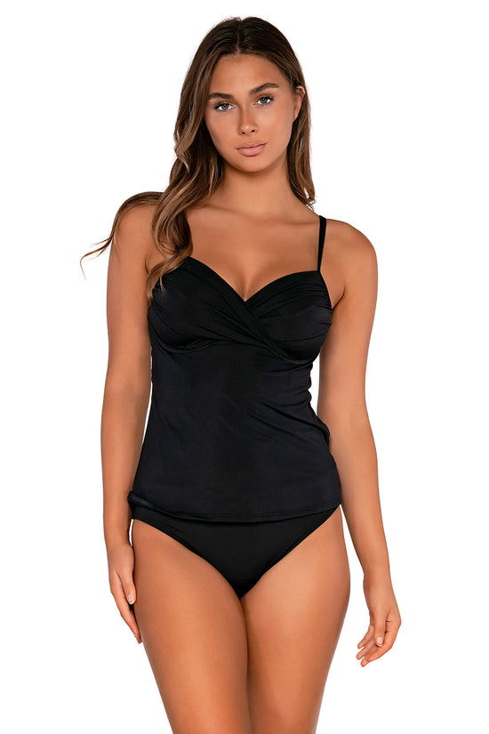 Front view of Sunsets Black Crossroads Tankini Top