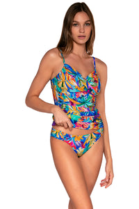 Side view of Sunsets Alegria Simone Tankini Top lifted up to show matching Femme Fatale Hipster bikini bottom