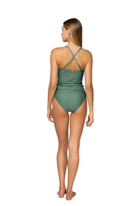 Back full shot of Sunsets Moss Simone Tankini swim top showing crossback straps with Moss Femme Fatale Hipster bikini
