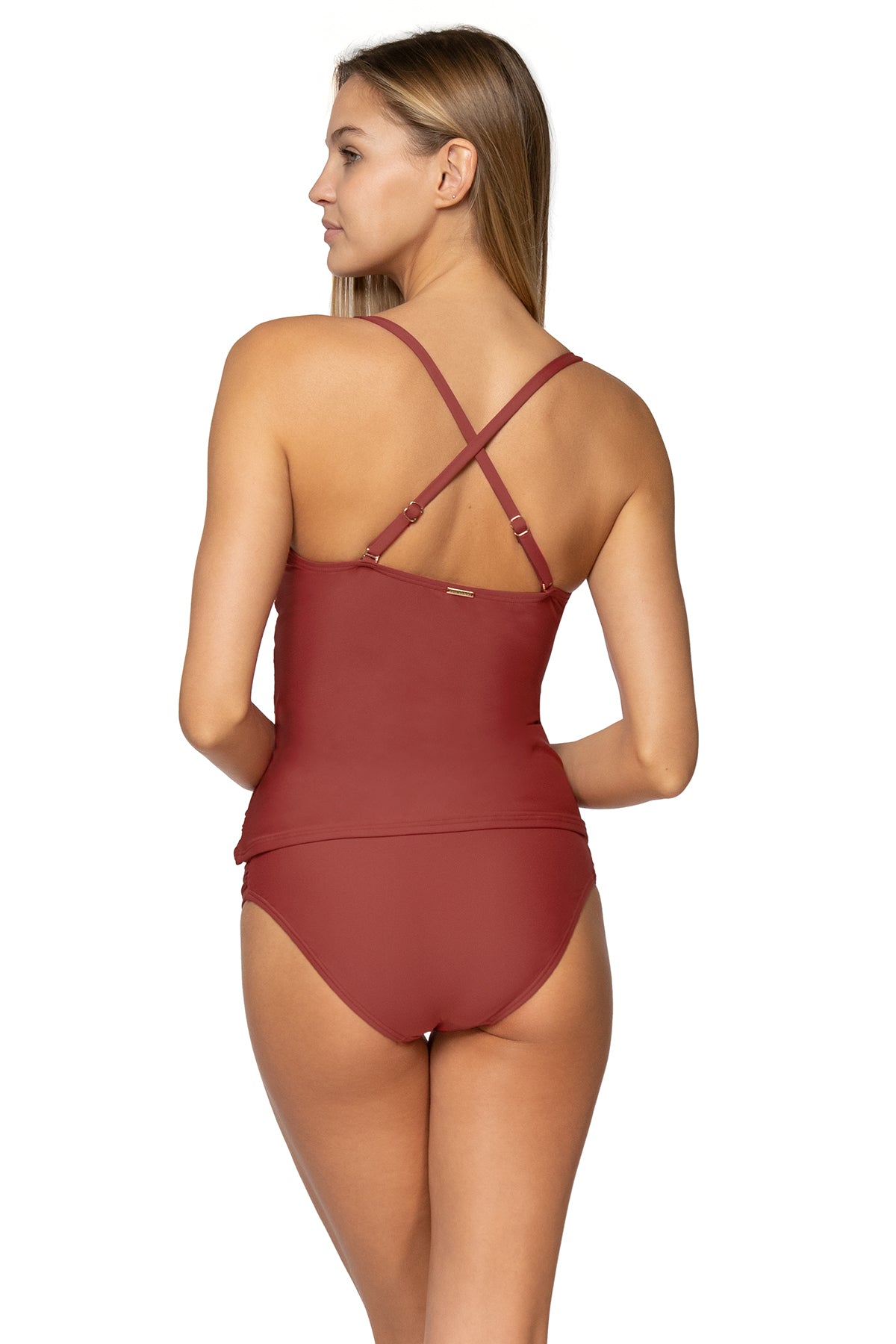 Back view of Sunsets Tuscan Red Simone Tankini swim top showing crossback straps with Tuscan Red Femme Fatale Hipster bikini