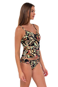 Side pose #1 of Daria wearing Sunsets Retro Retreat Simone Tankini Top with matching Audra Hipster bikini bottom