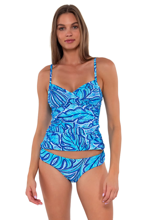 Front pose #1 of Daria wearing Sunsets Seaside Vista Simone Tankini Top with matching Alana Reversible Hipster bikini bottom