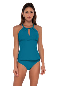 Front pose #1 of Gigi wearing Sunsets Avalon Teal Mia Tankini Top paired with Collins Hipster bikini bottom
