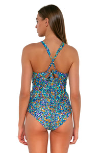 Back pose #1 of Daria wearing Sunsets Pansy Fields Mia Tankini Top with matching Alana Reversible Hipster bikini bottom