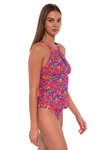 Side pose #1 of Daria wearing Sunsets Rue Paisley Mia Tankini Top with matching Summer Lovin' V-Front bikini bottom