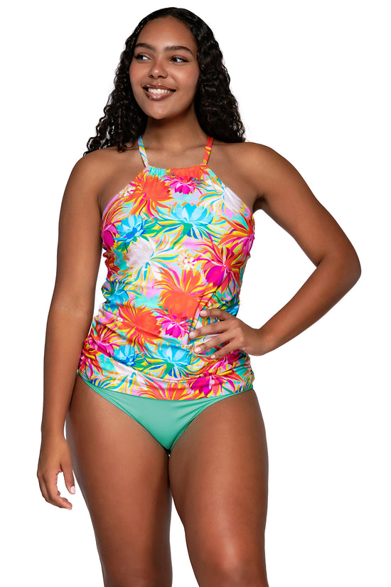 Front view of Sunsets Escape Lotus Harlow High Neck Tankini Top