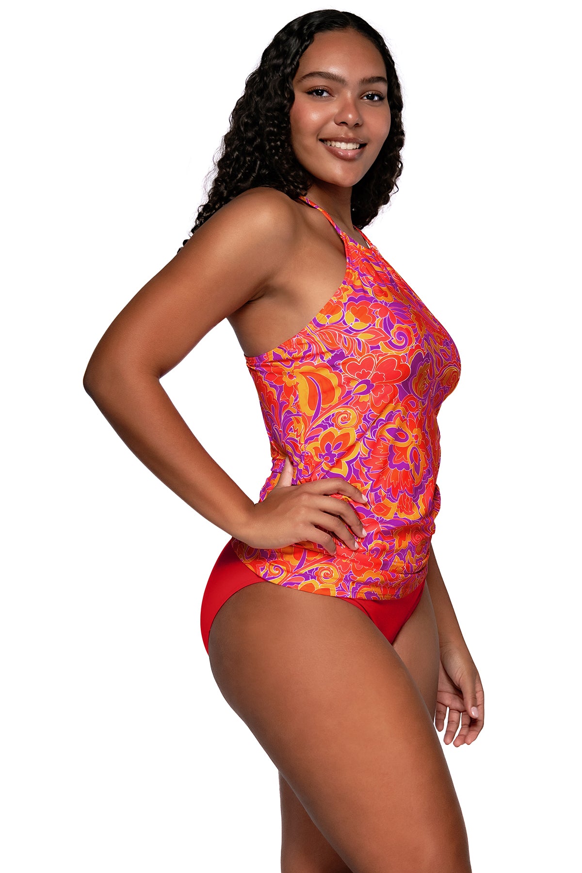 Side view of Sunsets Escape Pele Harlow High Neck Tankini Top