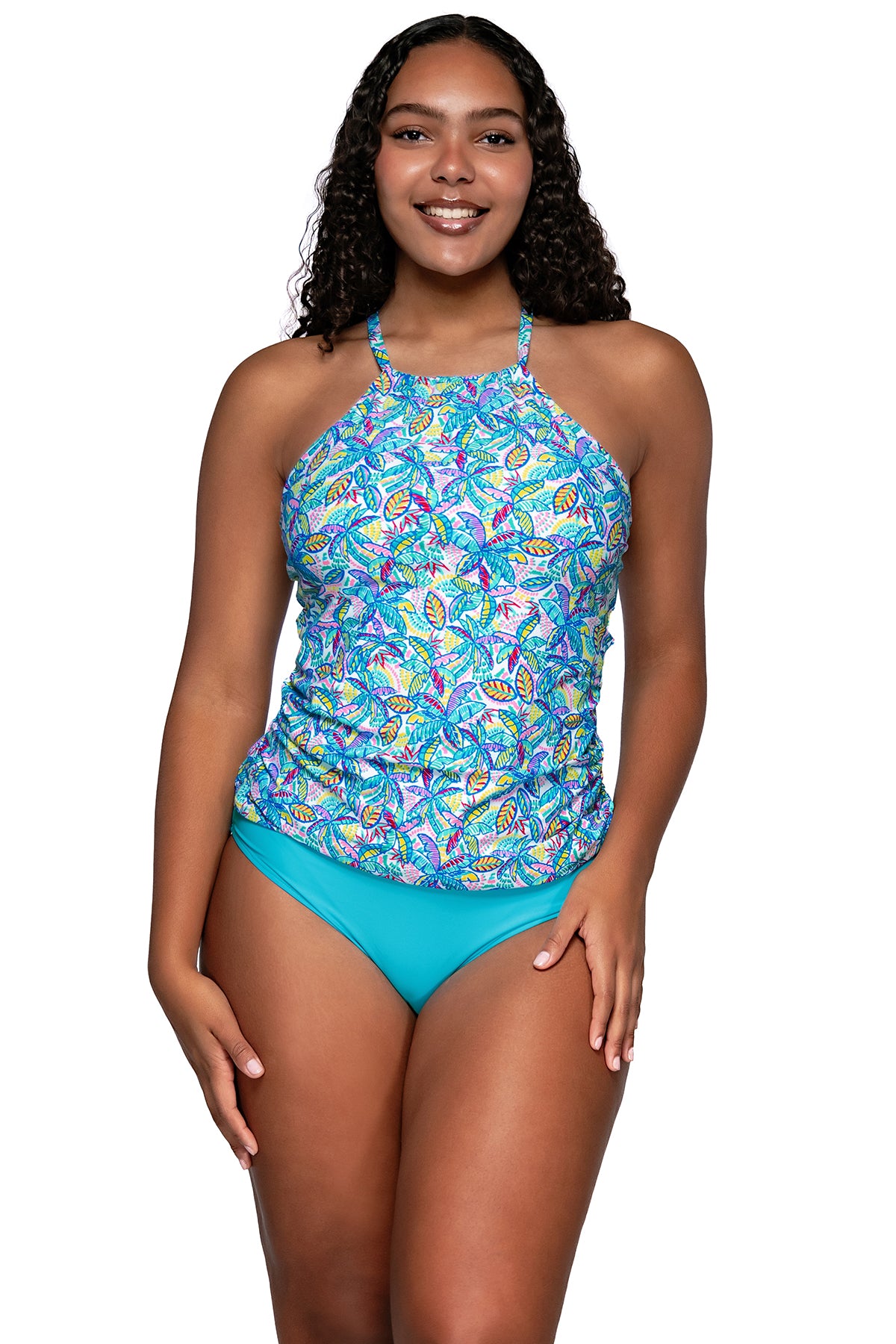 Front view of Sunsets Escape Rainbow Falls Harlow High Neck Tankini Top