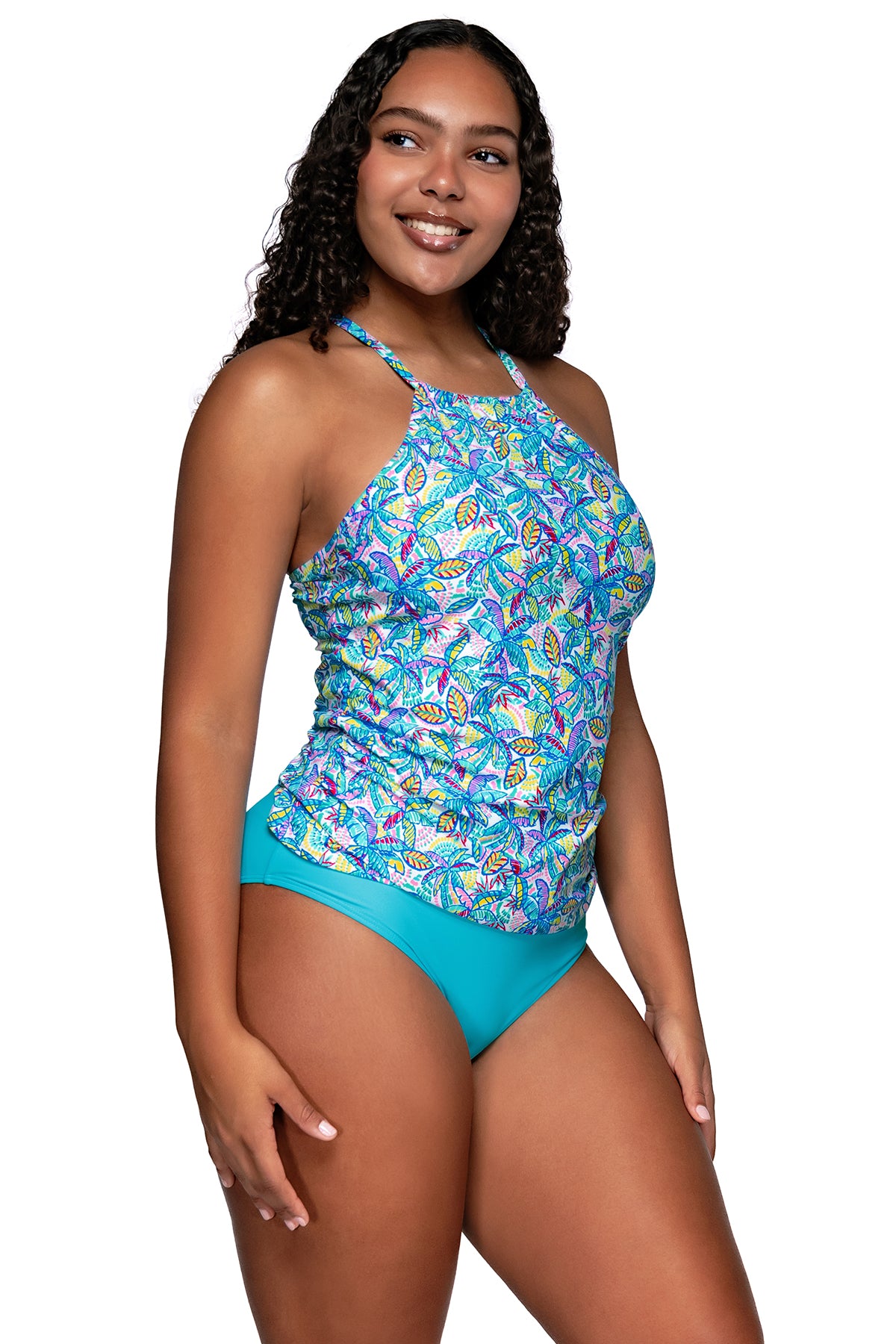 Side view of Sunsets Escape Rainbow Falls Harlow High Neck Tankini Top