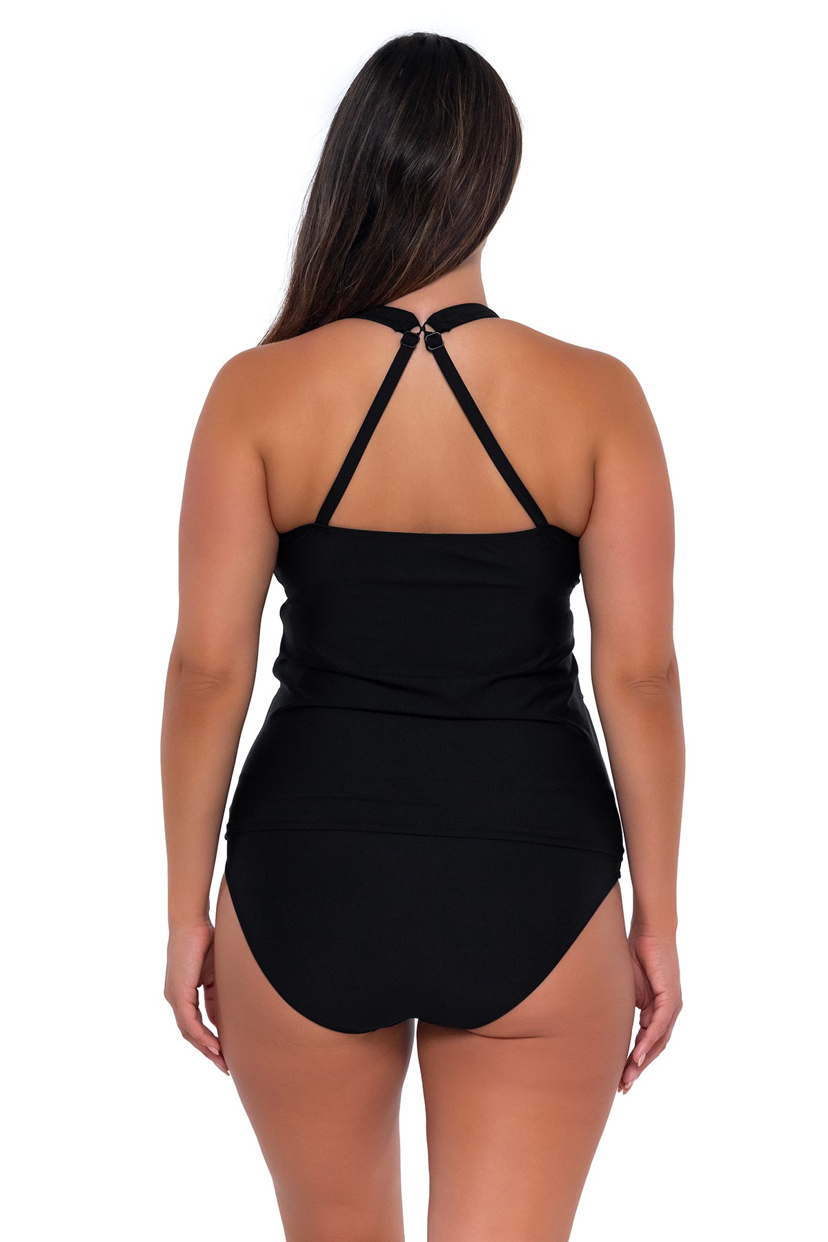 Back pose #1 of Nicky wearing Sunsets Escape Black Emerson Tankini Top showing crossback straps with matching Hannah High Waist bikini bottom