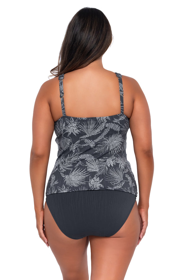 Back pose #1 of Nicky wearing Sunsets Escape Fanfare Seagrass Texture Emerson Tankini Top with matching Hannah High Waist bikini bottom