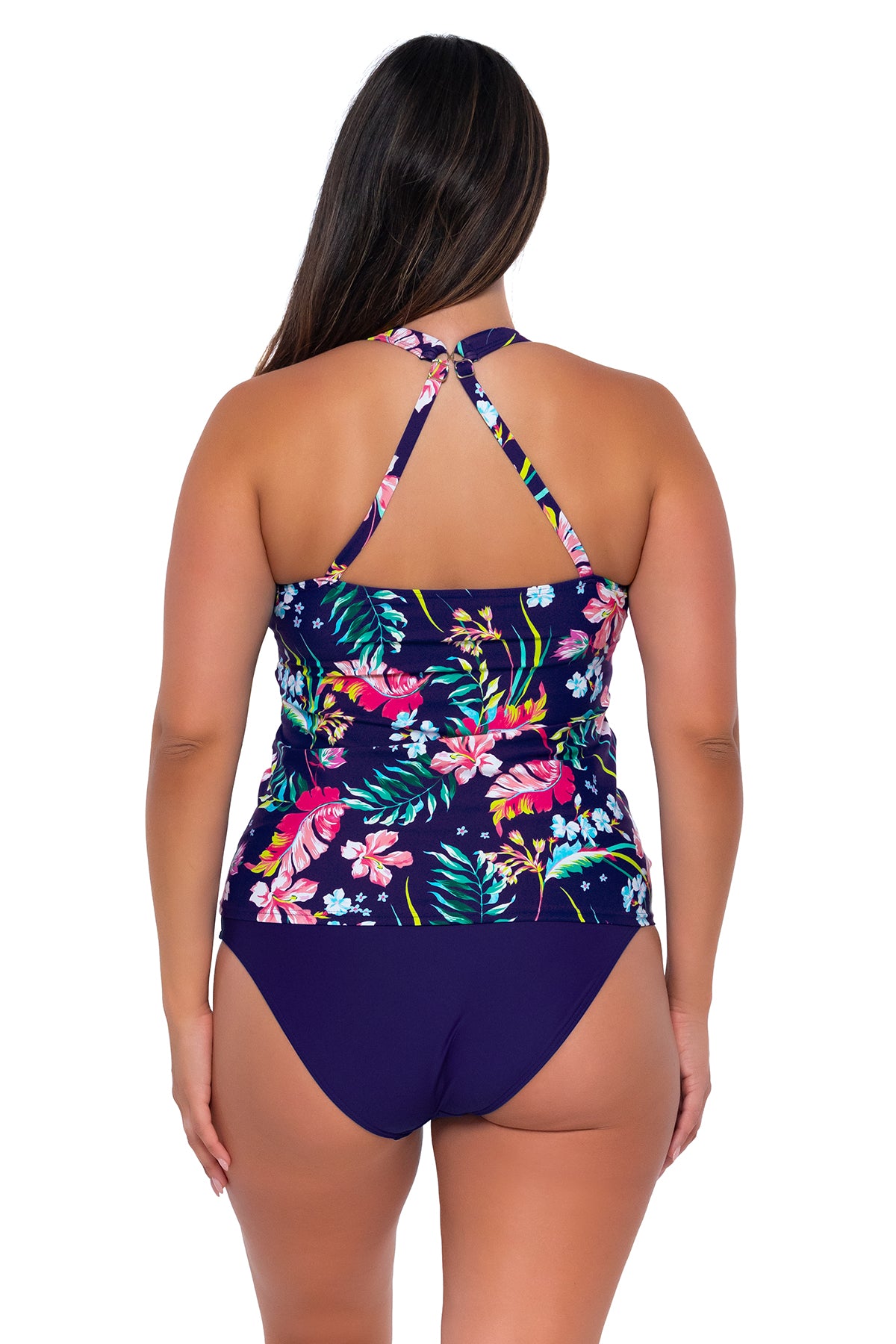 Back pose #1 of Nicky wearing Sunsets Escape Island Getaway Emerson Tankini Top showing crossback straps with matching Hannah High Waist bikini bottom