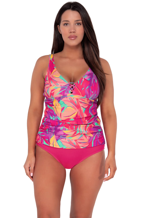 Front pose #1 of Nicki wearing Sunsets Escape Oasis Sandbar Rib Emerson Tankini Top