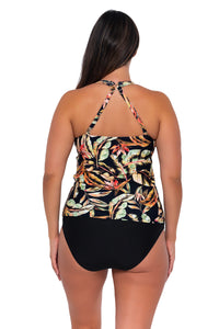 Back pose #1 of Nicky wearing Sunsets Escape Retro Retreat Emerson Tankini Top showing crossback straps with matching Hannah High Waist bikini bottom
