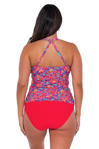 Back pose #1 of Nicky wearing Sunsets Escape Rue Paisley Emerson Tankini Top showing crossback straps with matching Hannah High Waist bikini bottom