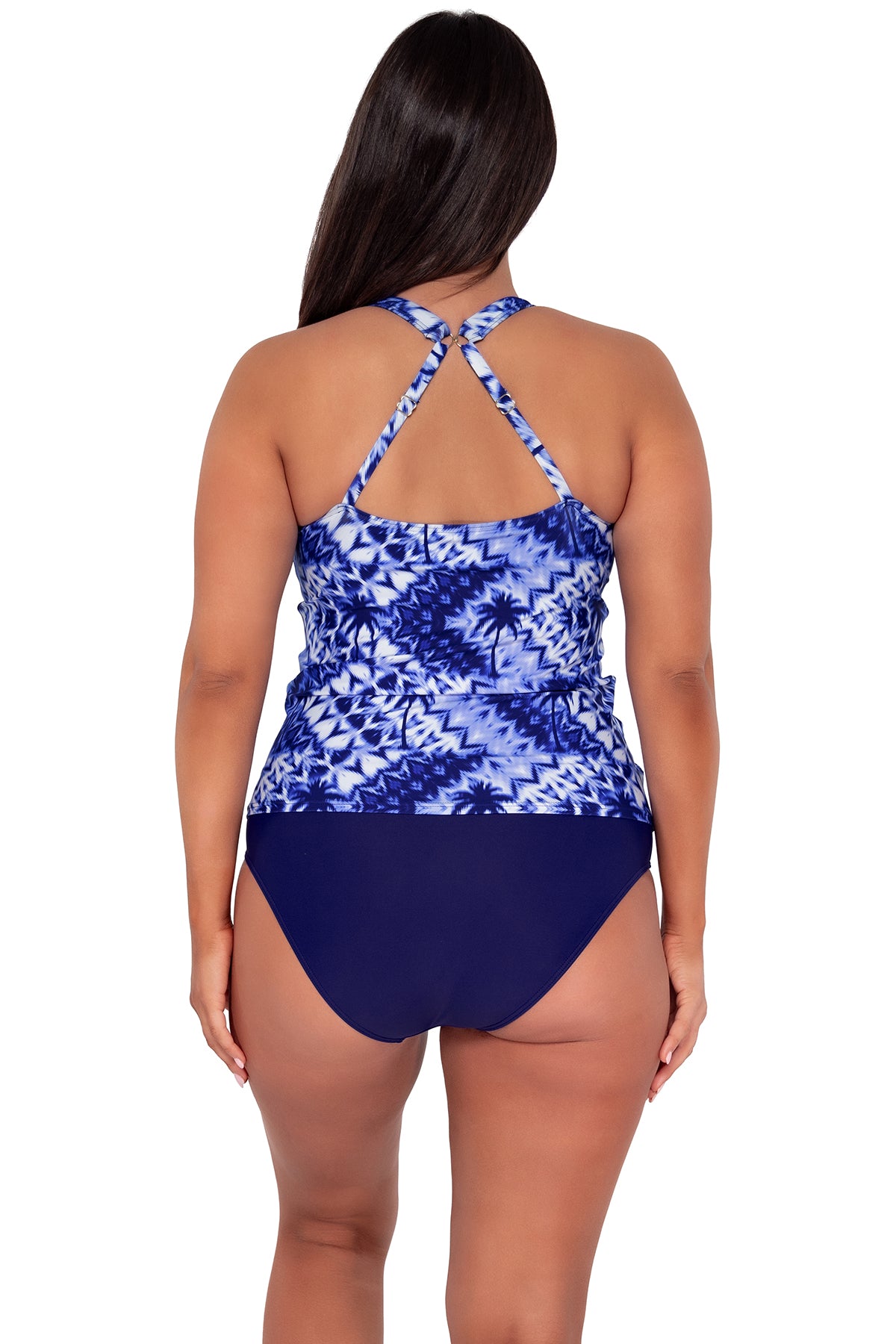 Back pose #1 of Nicki wearing Sunsets Escape Tulum Emerson Tankini Top showing crossback straps paired with Indigo Hannah High Waist