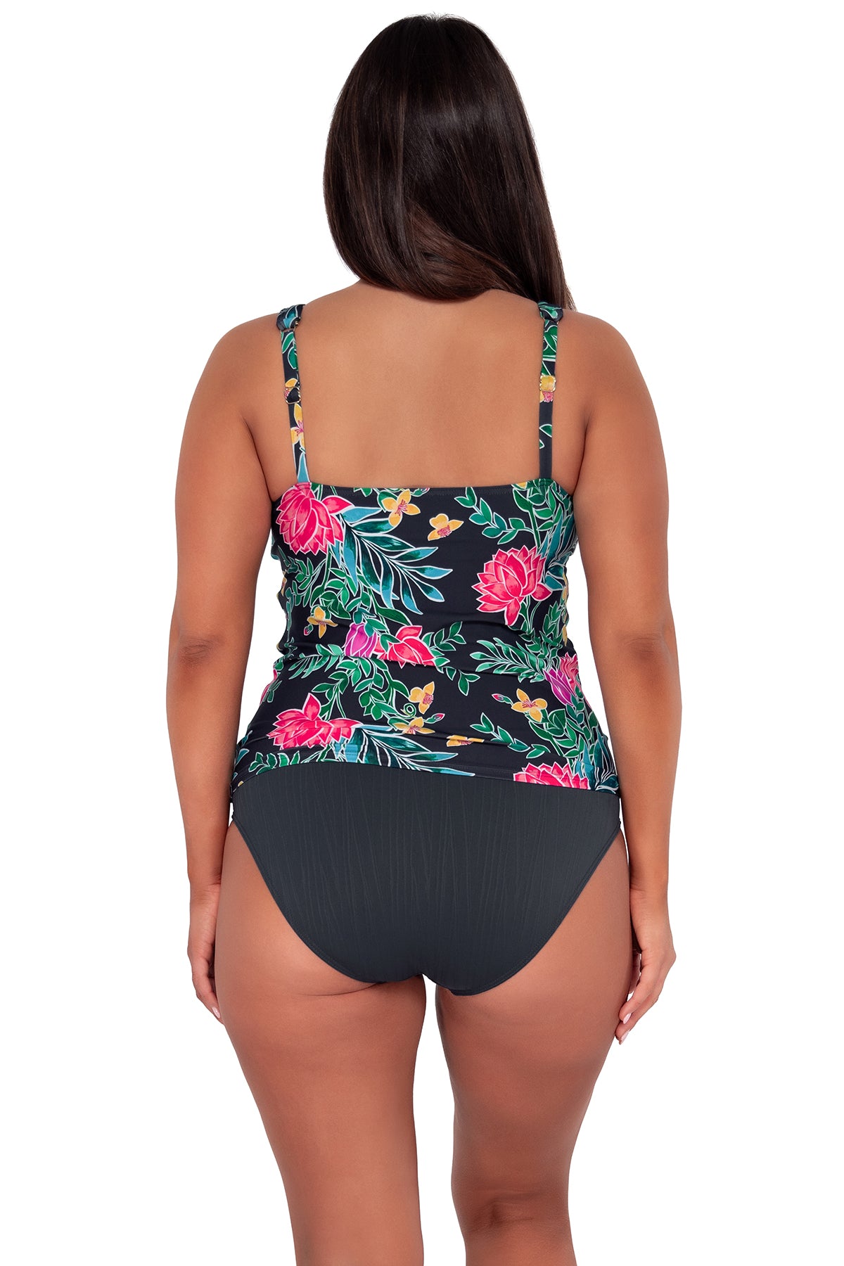 pose #1 of Nicki wearing Sunsets Escape Twilight Blooms Emerson Tankini Top