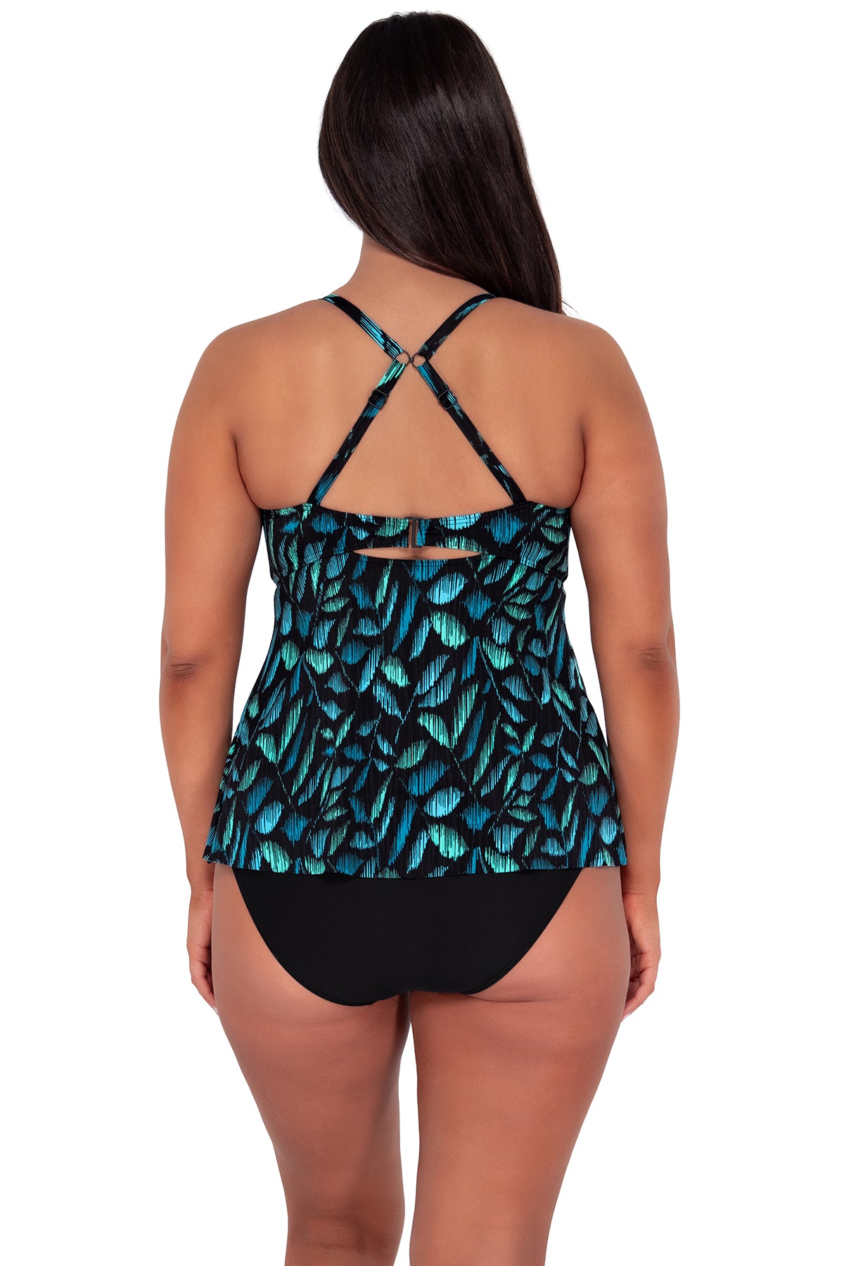Back pose #1 of Nicki wearing Sunsets Escape Cascade Seagrass Texture Tori Tankini Top 