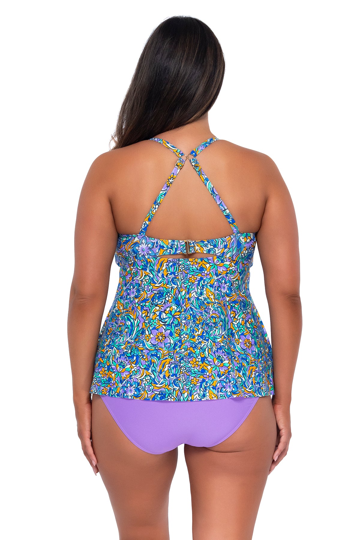 Back pose #1 of Nicky wearing Sunsets Escape Pansy Fields Tori Tankini Top showing crossback straps with matching Hannah High Waist bikini bottom