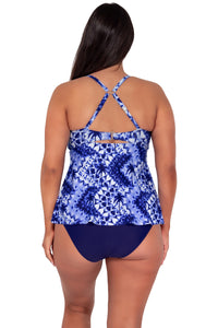 Back pose #1 of Nicki wearing Sunsets Escape Tulum Tori Tankini Top showing crossback straps paired with Indigo Hannah High Waist