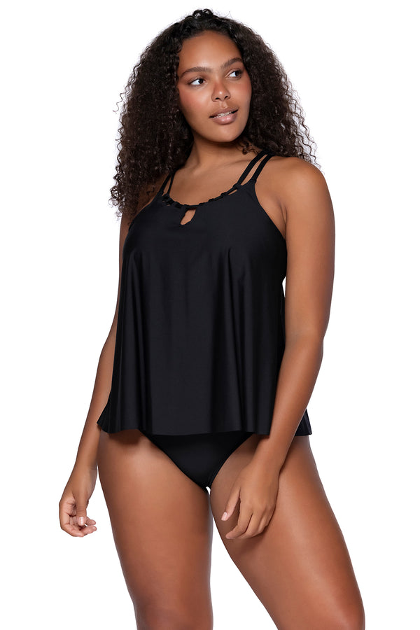 Front view of Sunsets Escape Black Sadie Tankini Top with matching Hannah High Waist bikini bottom