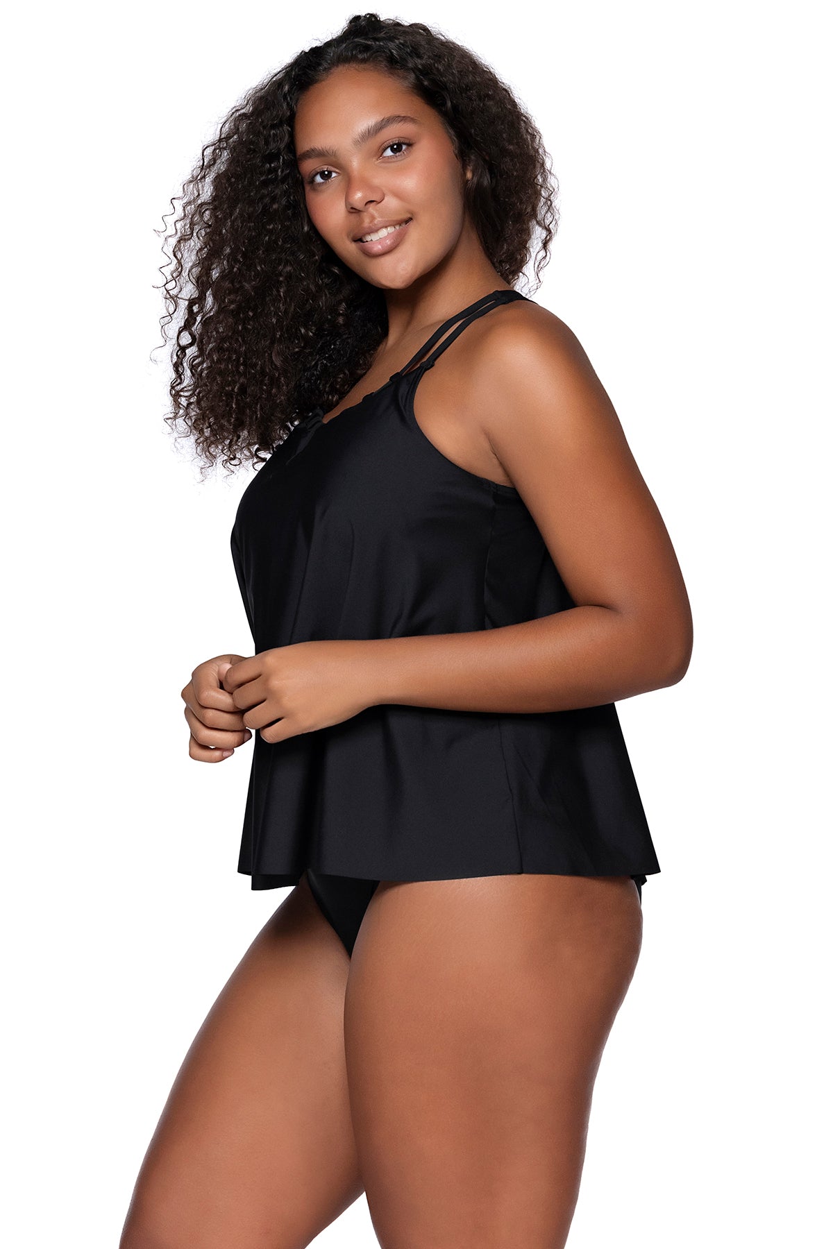 Side view of Sunsets Escape Black Sadie Tankini Top