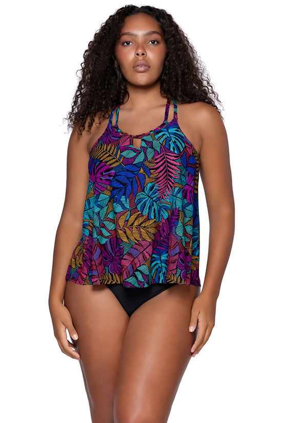 Front view of Sunsets Escape Panama Palms Sadie Tankini Top