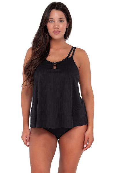Front pose #1 of Nicki wearing Sunsets Escape Black Seagrass Texture Sadie Tankini Top