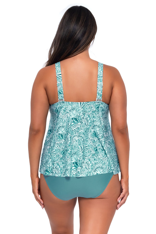 Back pose #1 of Nicky wearing Sunsets Escape By the Sea Sadie Tankini Top with matching Hannah High Waist bikini bottom