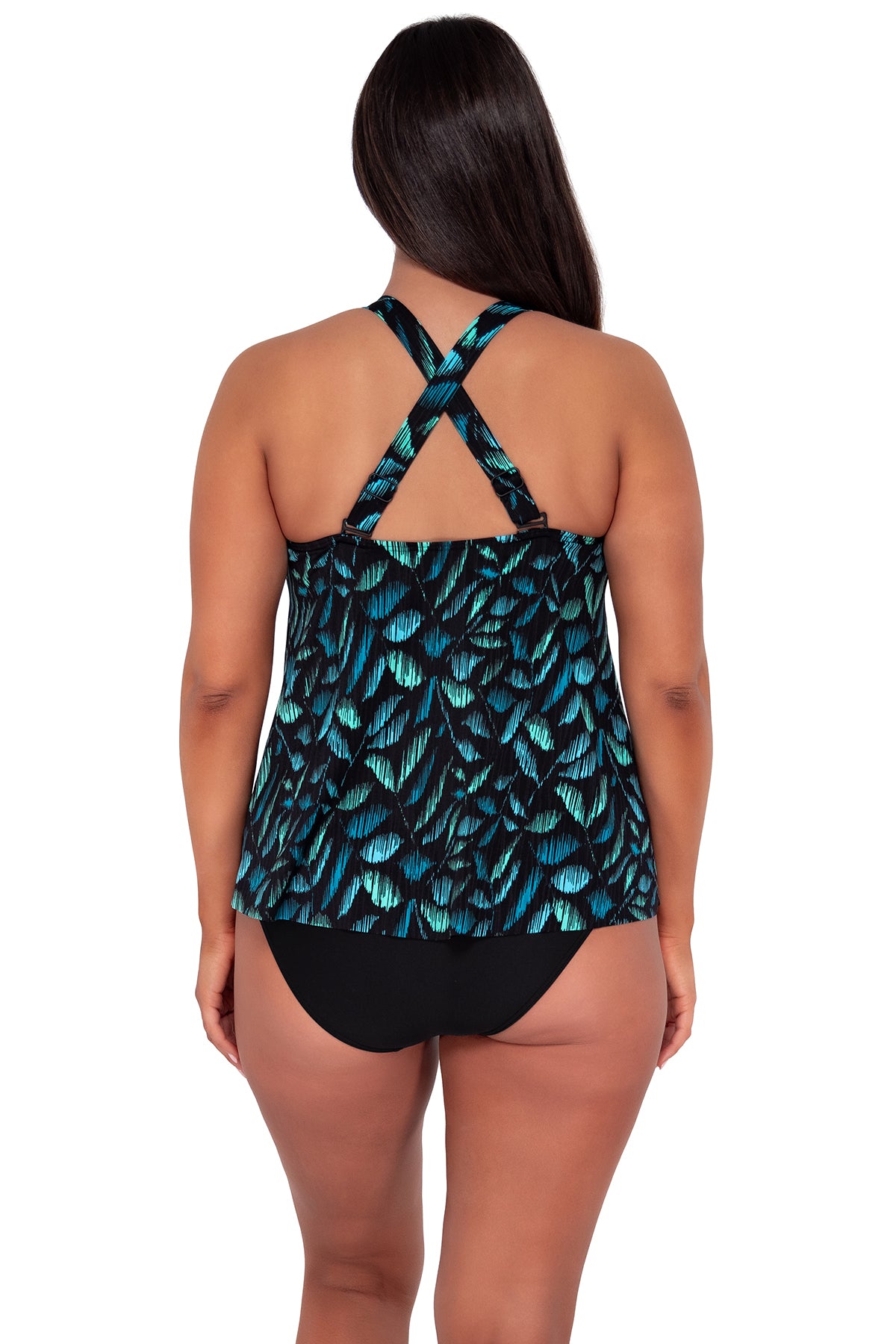 pose #1 of Nicki wearing Sunsets Escape Cascade Seagrass Texture Sadie Tankini Top