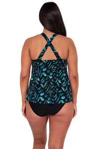 Back pose #1 of Nicki wearing Sunsets Escape Cascade Seagrass Texture Sadie Tankini Top showing crossback straps
