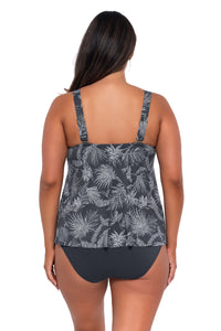 Back pose #1 of Nicky wearing Sunsets Escape Fanfare Seagrass Texture Sadie Tankini Top with matching Hannah High Waist bikini bottom