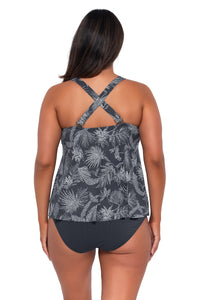 Back pose #1 of Nicky wearing Sunsets Escape Fanfare Seagrass Texture Sadie Tankini Top showing crossback straps with matching Hannah High Waist bikini bottom