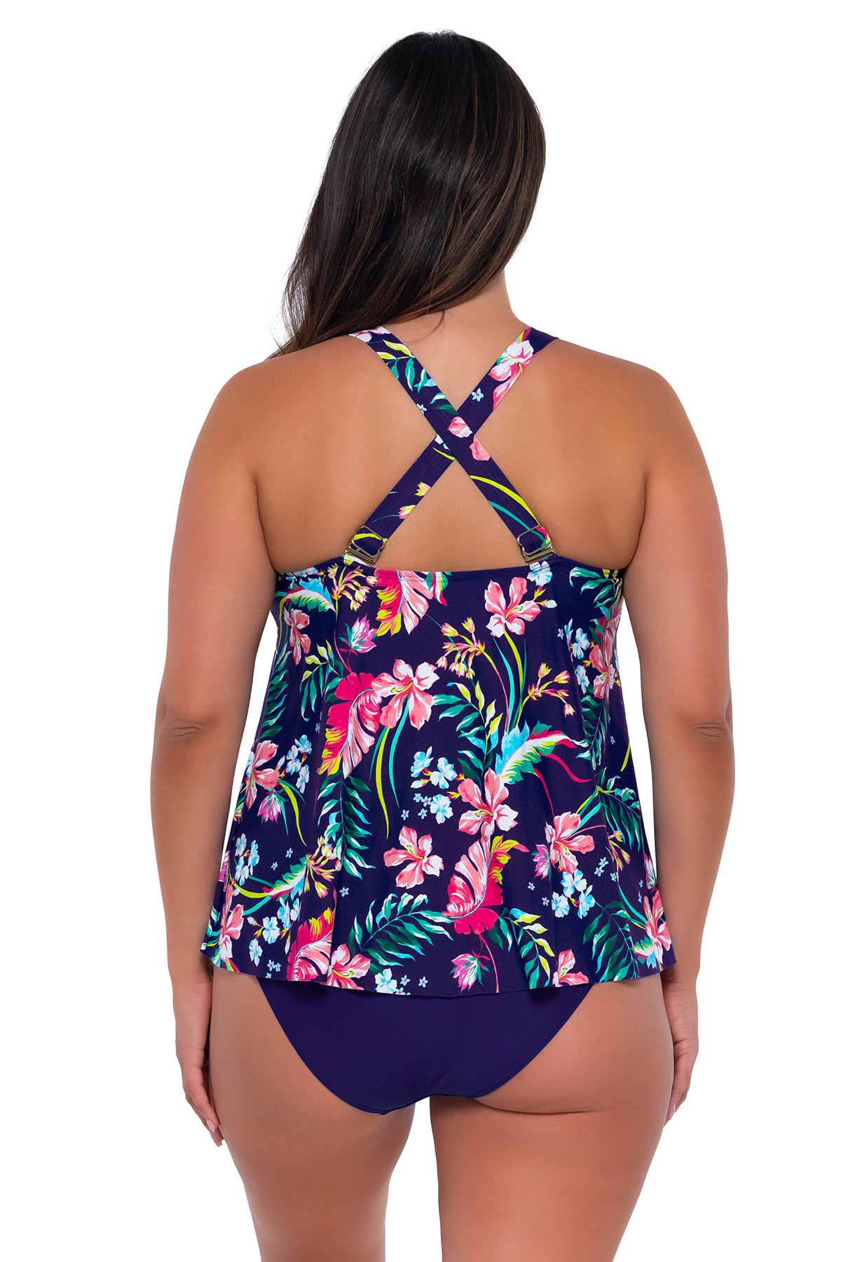 Back pose #1 of Nicky wearing Sunsets Escape Island Getaway Sadie Tankini Top showing crossback straps with matching Hannah High Waist bikini bottom