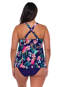 Back pose #1 of Nicky wearing Sunsets Escape Island Getaway Sadie Tankini Top showing crossback straps with matching Hannah High Waist bikini bottom