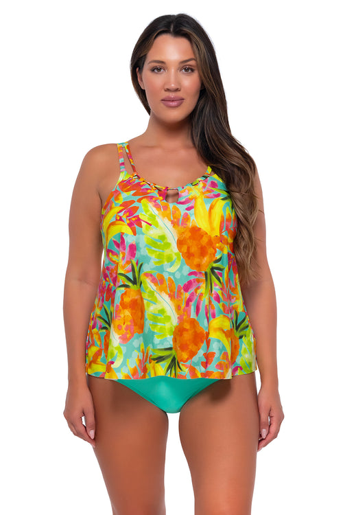 Front pose #1 of Nicky wearing Sunsets Escape Lush Luau Sadie Tankini Top with matching Hannah High Waist bikini bottom