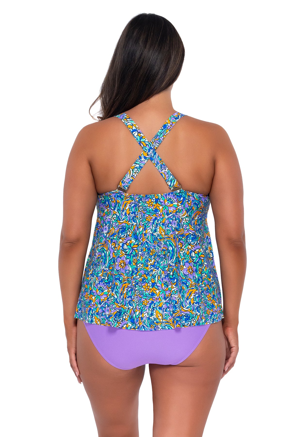 Back pose #1 of Nicky wearing Sunsets Escape Pansy Fields Sadie Tankini Top showing crossback straps with matching Hannah High Waist bikini bottom